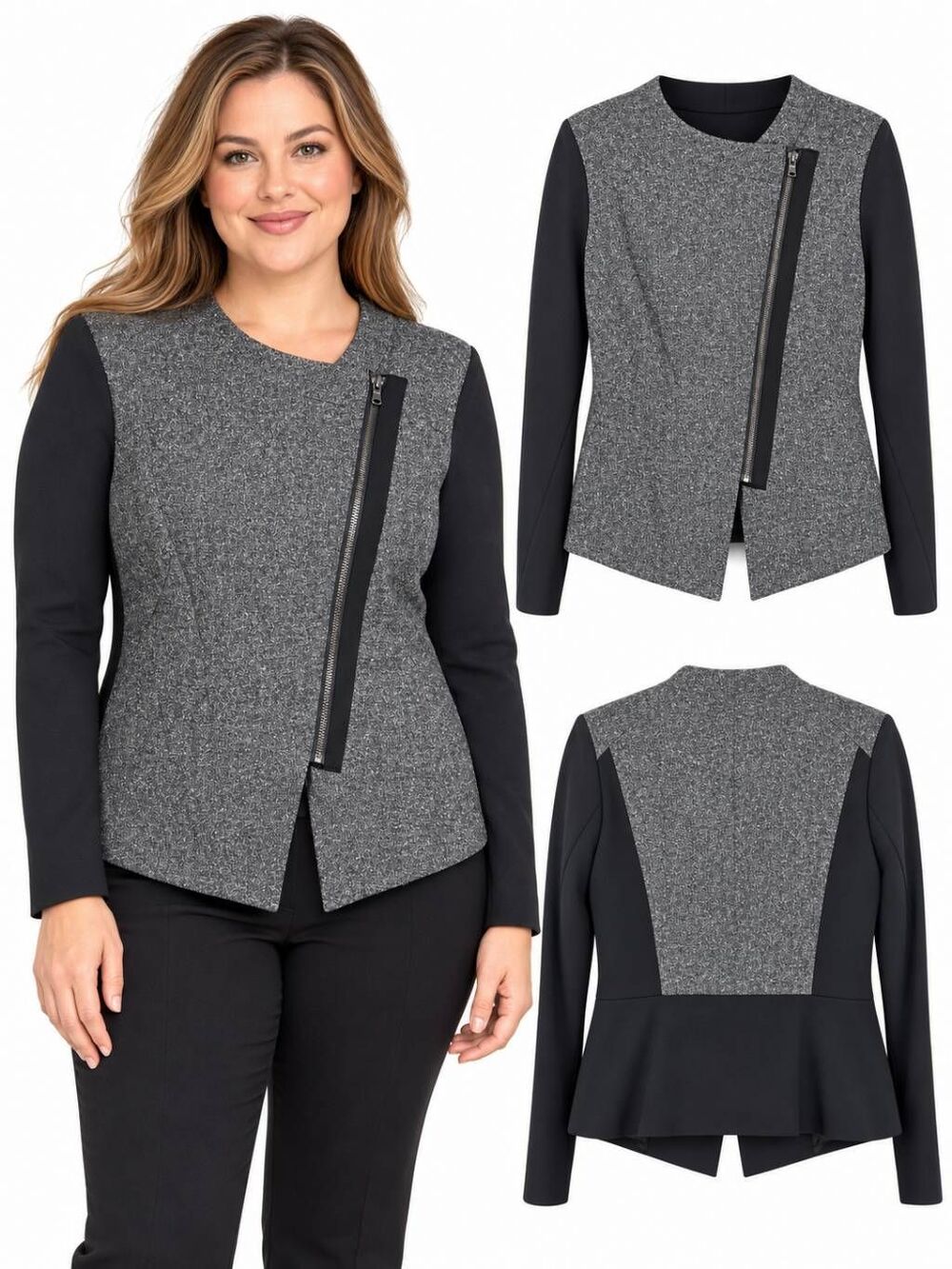 Worthington Large Gray Black Colorblock Asymmetric Zip Jacket